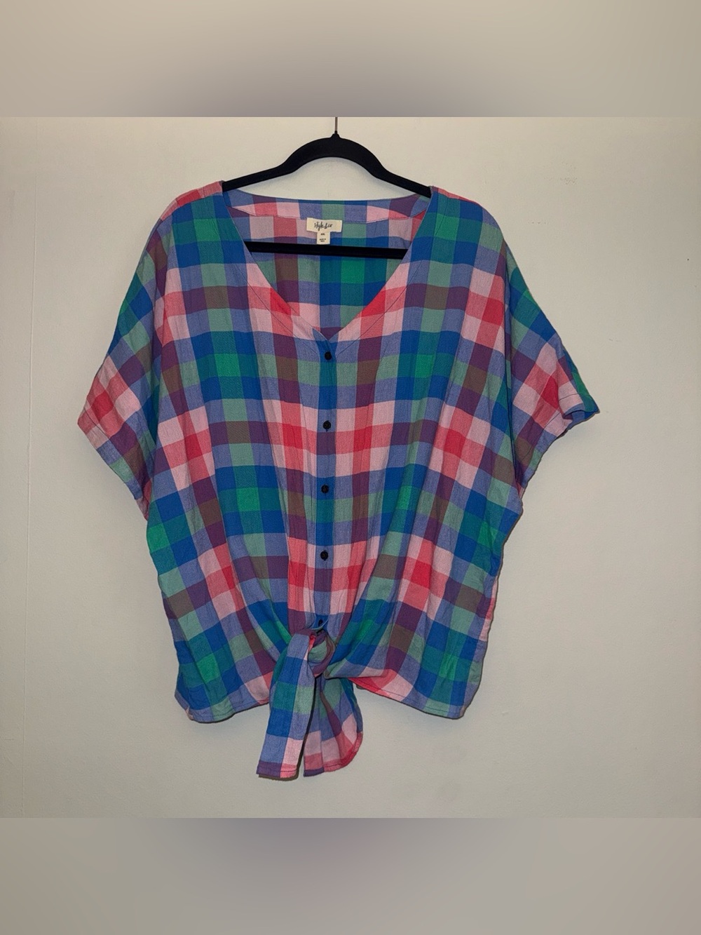 STYLE & CO multicolored plaid blouse with tie front detail sz XXL ✨